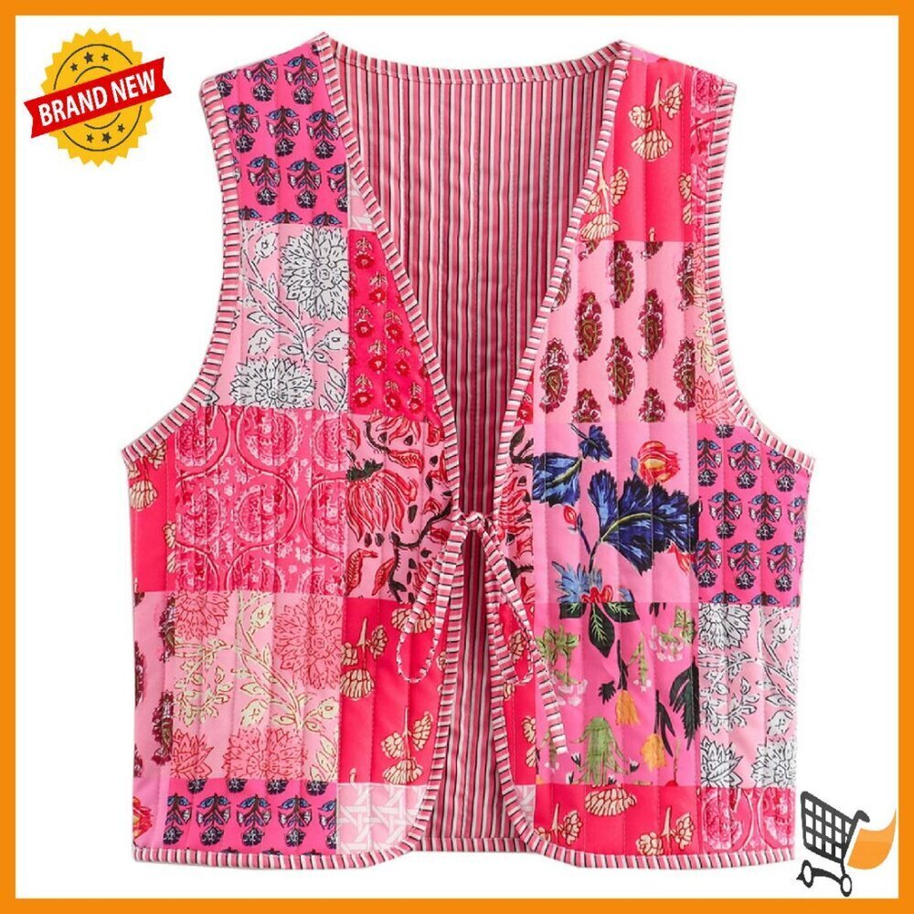 Cropped Quilted Vest Sleeveless Tie Front Padded Gilet Lightweight